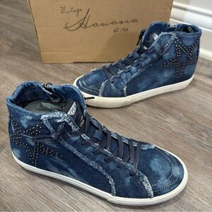 Vintage Havana Balthazstar Acid Washed Blue Denim Star Stud High Top Sneakers